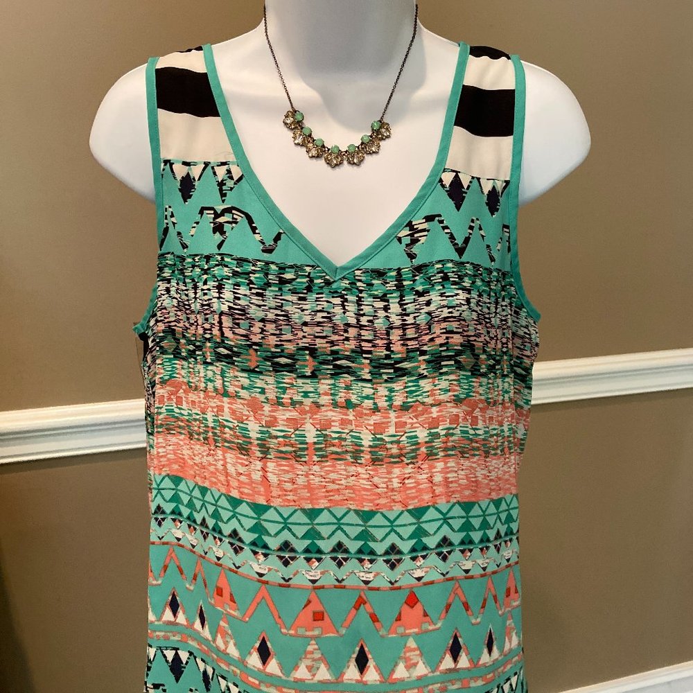 My Michelle Seafoam Green, Peach & Black Striped & Floral Sleeveless Top M